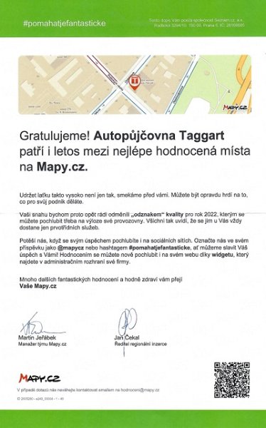 Oceneni autopujcovny Taggart