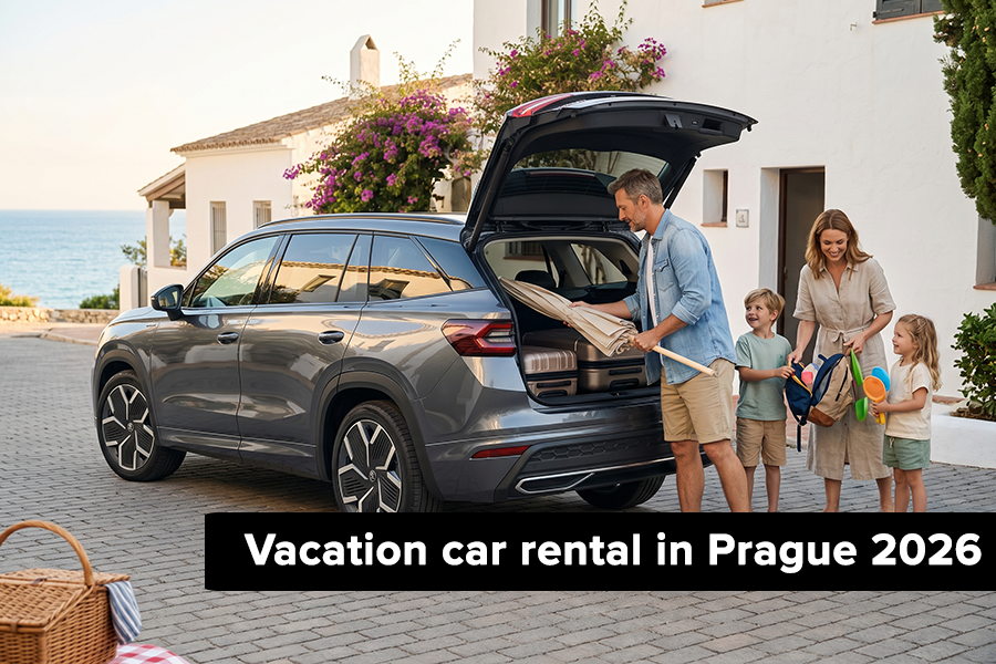 Car rental price for a holiday 2026 Family packing a rental car for a holiday in 2026.