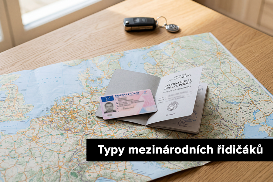 Mezinárodní řidičské průkazy položené na mapě vedle klíčů od auta