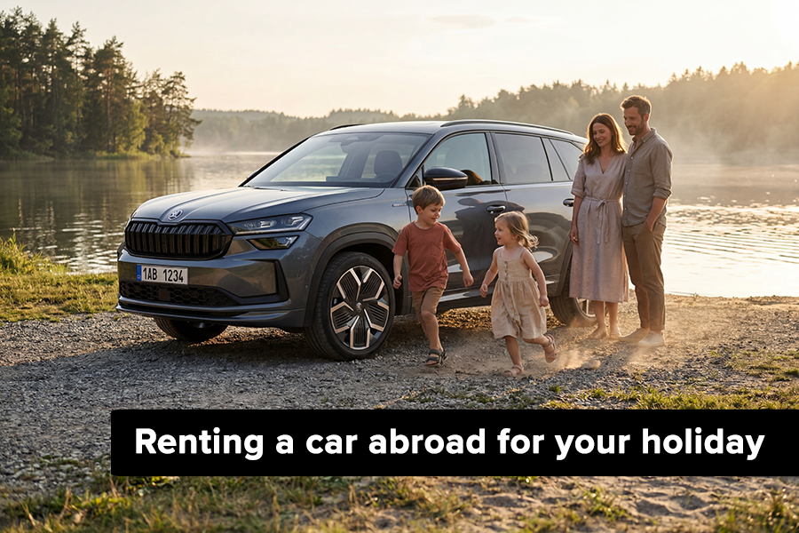 Renting a car abroad for your holiday Happy family next to a rental car abroad by a lake or the sea