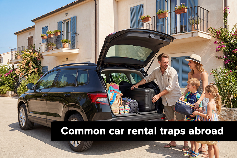 Common car rental traps abroad A happy family loading suitcases into a nearly new car from Taggart car rental before heading to the seaside.