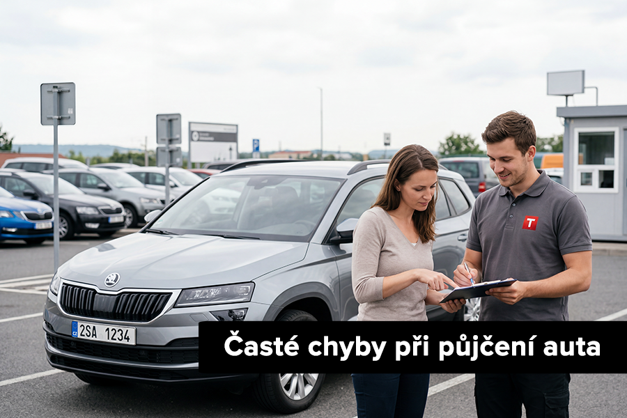 Časté chyby při půjčení auta Žena přebírá vozidlo od zaměstnance autopůjčovny a náležitě kontroluje