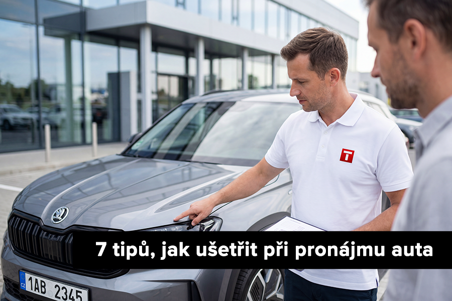 Pečlivá kontrola stavu vozidla před podpisem smlouvy v autopůjčovně.