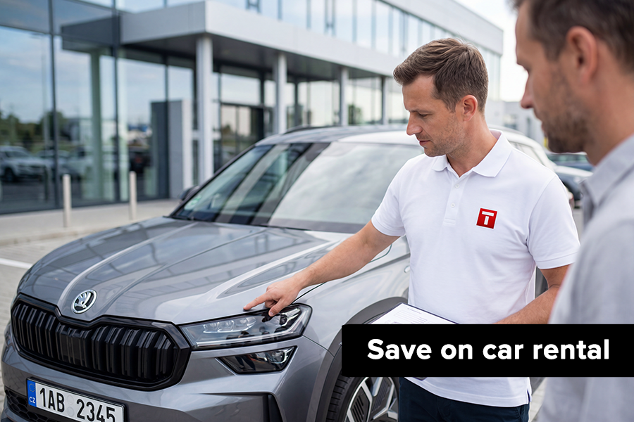 How to save money when renting a car A careful vehicle condition check before signing the rental agreement at a car rental company.