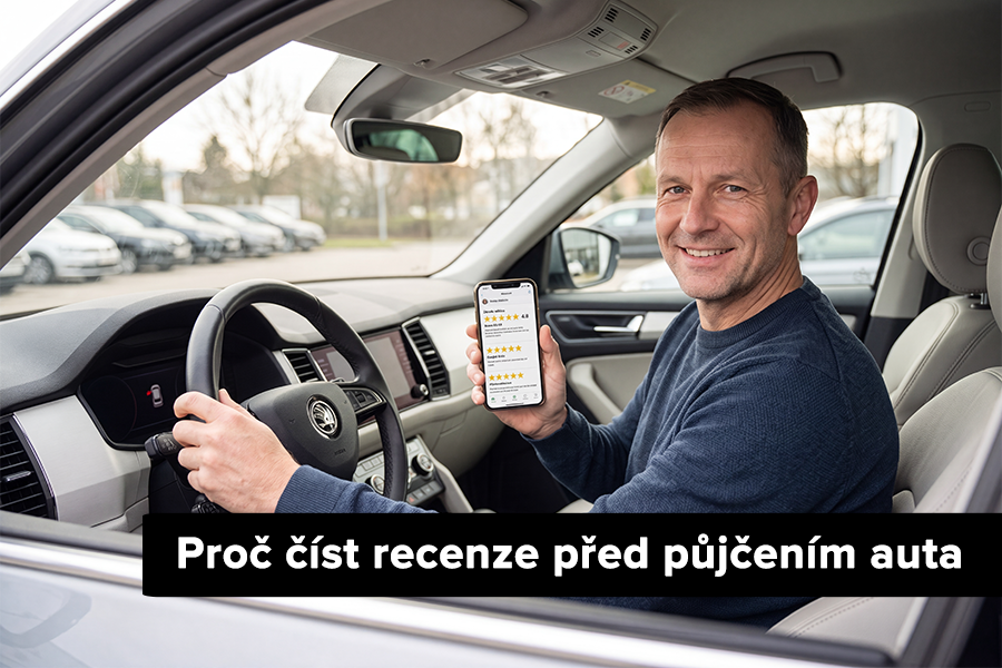 Proč číst recenze před půjčením auta Spokojený zákazník sedí v čistém interiéru zánovního auta a na chytrém telefonu s úsměvem prohlíží pětihvězdičkové recenze autopůjčovny.