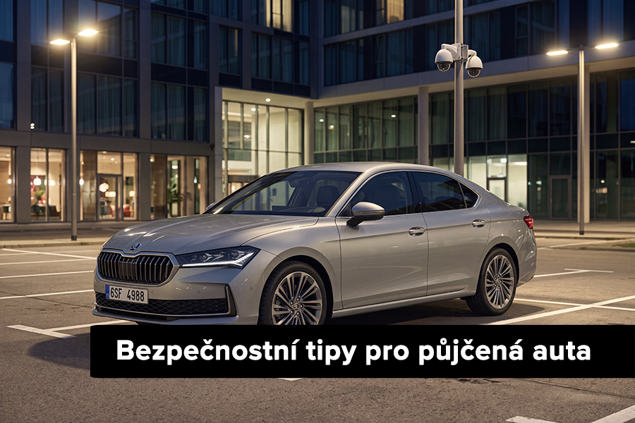 Moderní rodinné auto zaparkované na osvětleném městském parkovišti přímo pod bezpečnostní kamerou.