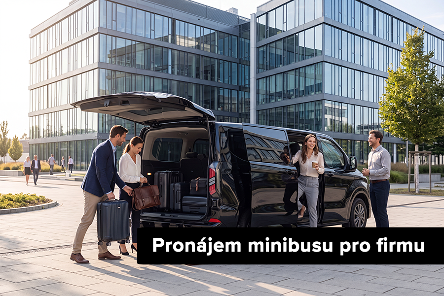 Pronájem vícemístného minibusu pro firmu Skupina kolegyň a kolegů v business casual oblečení s úsměvem nakládá zavazadla do prostorného microbusu před firemní budovou