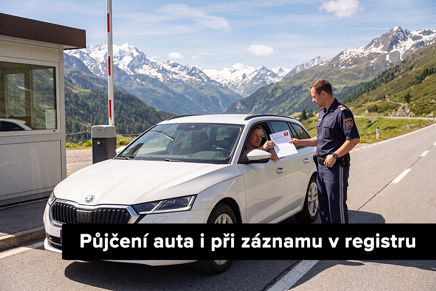 Řidič v zánovním autě na hraničním přechodu s úsměvem předkládá zahraniční policejní hlídce anglické potvrzení o pronájmu vozu od Taggartu.