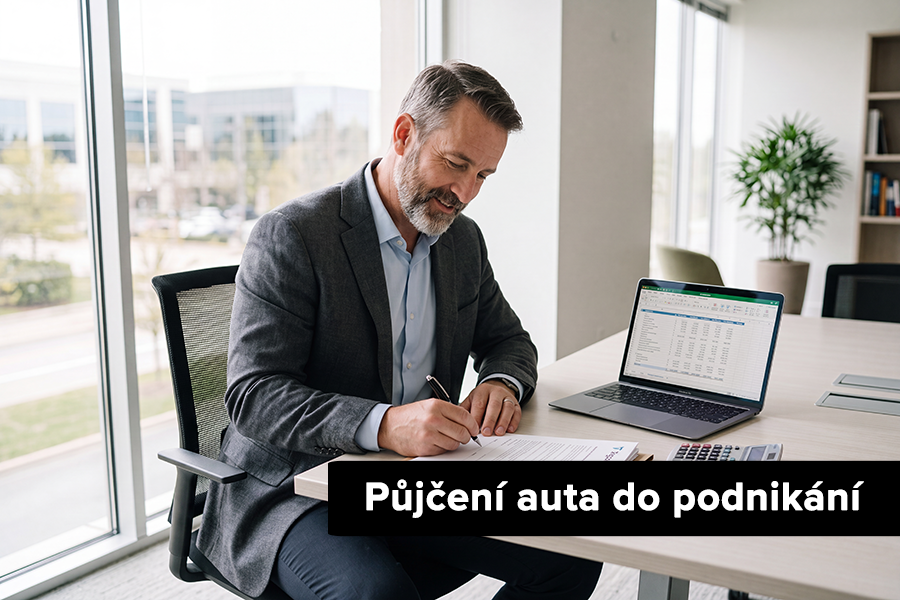 Co musíte vědět o půjčení auta do podnikání Podnikatel u pracovního stolu s notebookem a kalkulačkou podepisuje nájemní smlouvu na firemní auto, vedle leží klíčky od zánovního vozu.