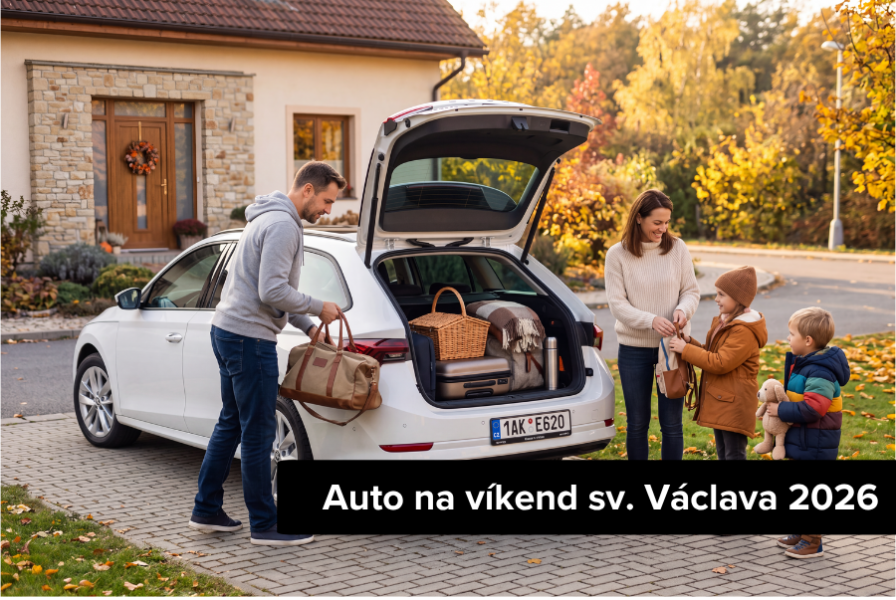 Prodloužený víkend sv. Václav 2026 s Taggartem Rodina nakládá zavazadla do pronajatého auta Škoda Octavia na podzimní prodloužený víkend.