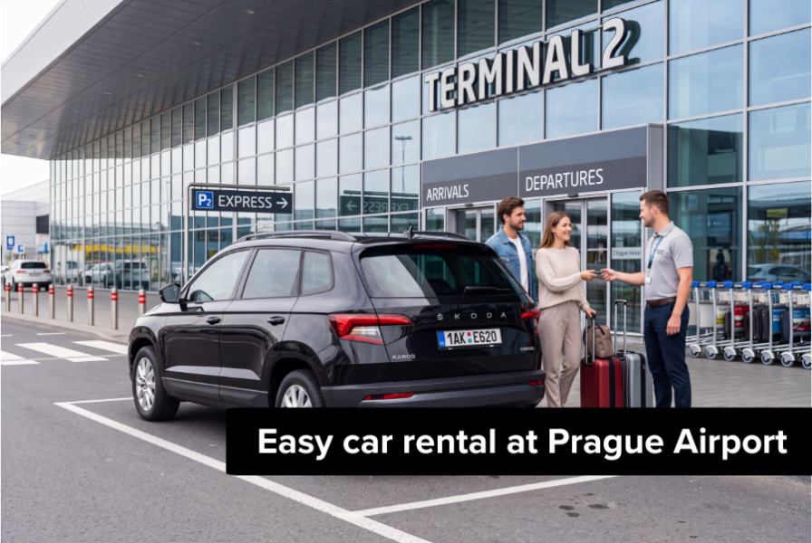 Prague Airport car rental with Taggart Two travellers receive the keys to a Škoda Karoq from a Taggart car rental employee at Prague Airport.