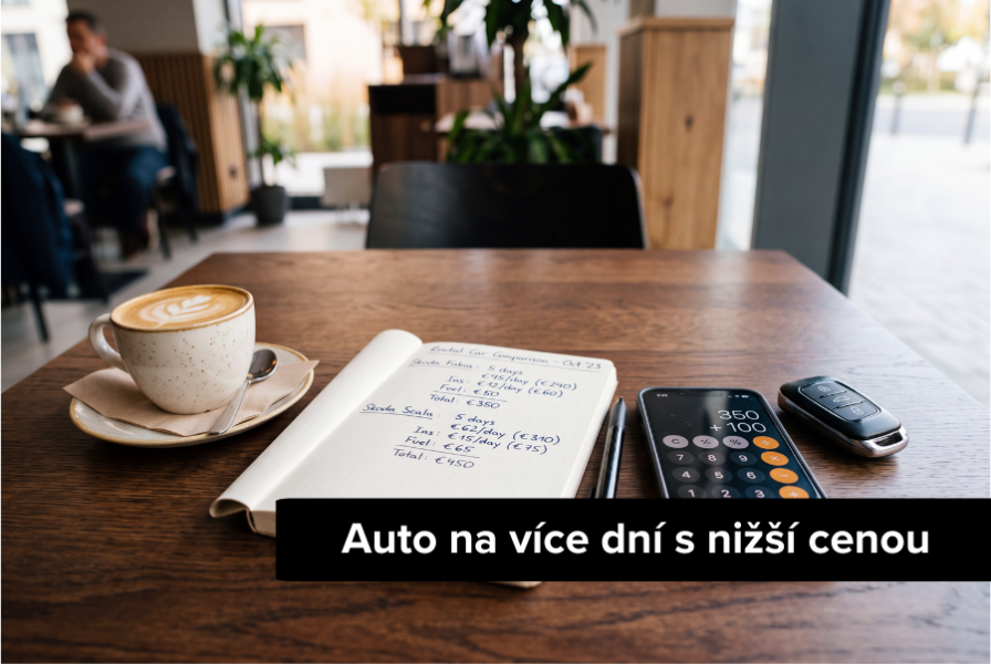 Auto na více dní s nižší cenou Detail ruky počítající na kalkulačce vedle klíčků od auta a poznámkového bloku