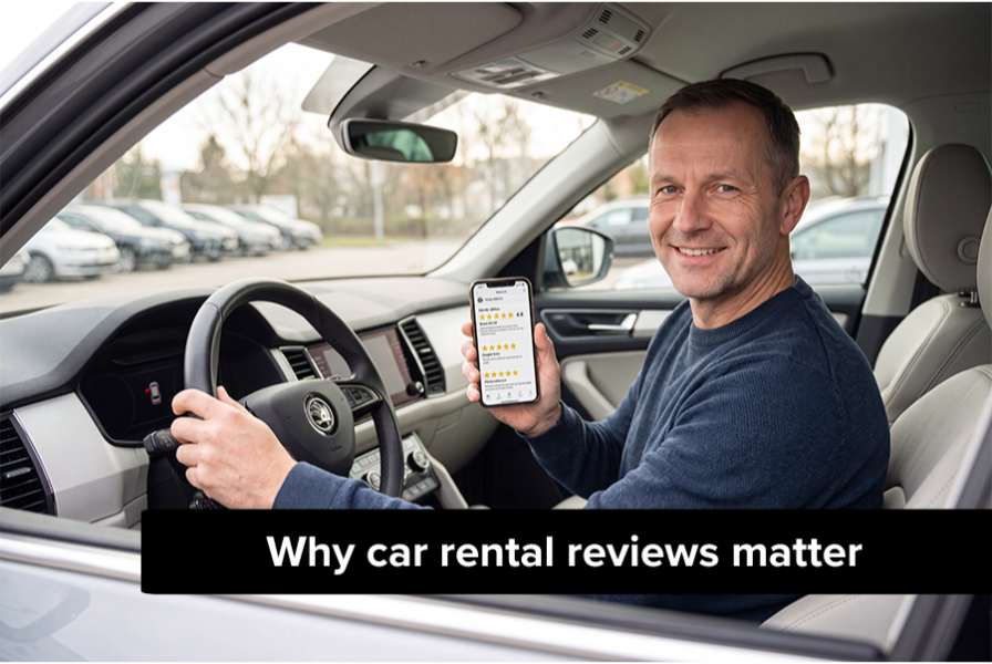 Why read car rental reviews in 2026 Satisfied customer sits in the clean environment of a rented car and looks through 5-star reviews of a car rental on his phone