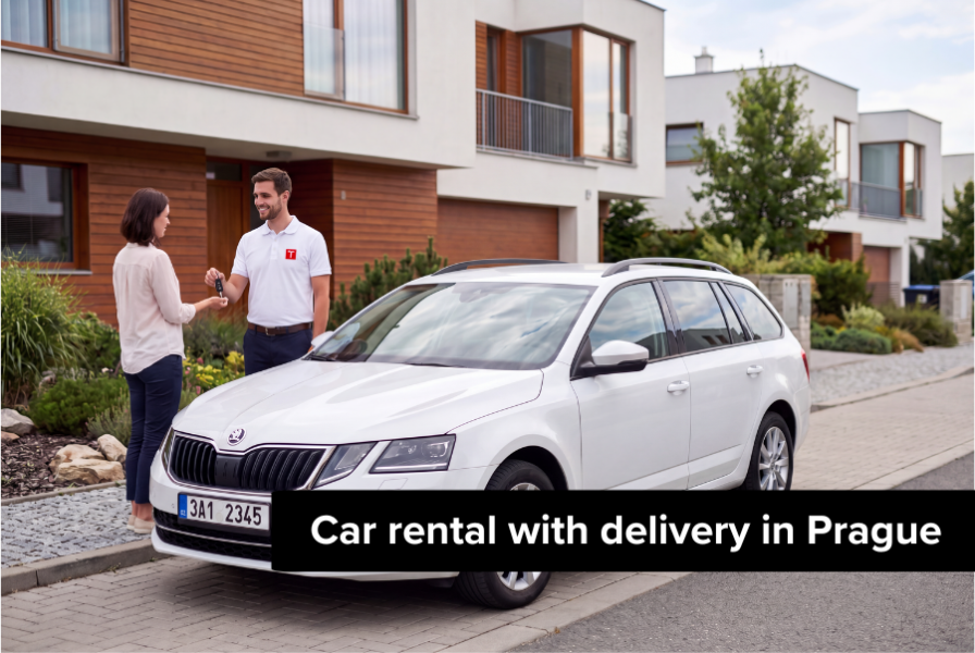 A courier from the Taggart car rental agency hands over the keys to a rental car to a customer in front of a Prague location.