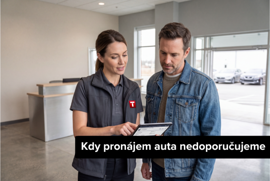 Kdy pronájem auta nedoporučujeme Pracovník autopůjčovny a zákazník si na pobočce v klidu povídají nad tabletem