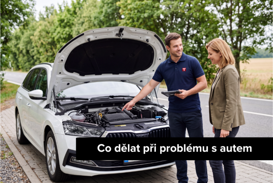 Co dělat, když se na cestě objeví problém s autem Pracovník autopůjčovny Taggart ukazuje klientovi motor vozu Škoda Octavia s otevřenou kapotou u krajnice.