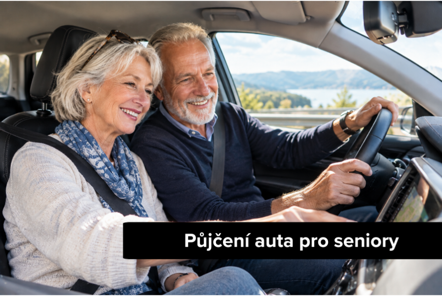 Starší manželský pár spokojeně cestuje zánovním autem z autopůjčovny Taggart.