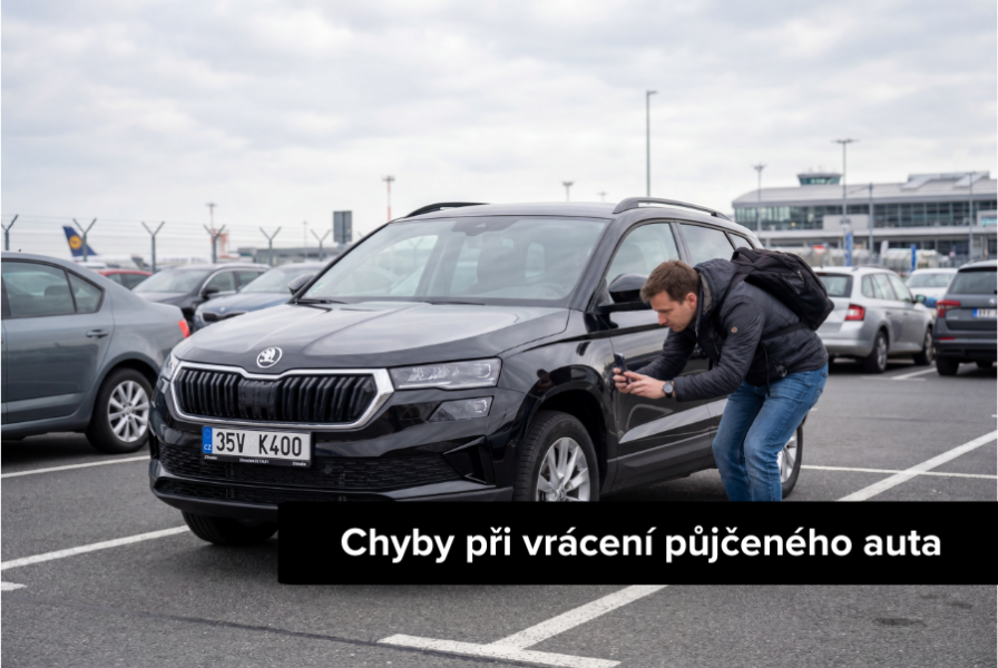 Chyby při vrácení auta Muž kontrolující nárazník půjčeného auta před jeho vrácením na letištním parkovišti.