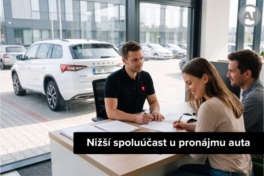 Vyplatí se snížit spoluúčast u pronájmu auta Řidič v klidu podepisuje dokumenty o kompletním garančním krytí rizik u zaměstnance autopůjčovny, zatímco za prosklenou výlohou stojí zánovní bílé SUV.
