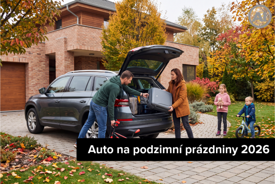 Rodinné auto na podzimní prázdniny 2026 Rodina nakládá zavazadla do prostorného rodinného vozu před podzimními prázdninami