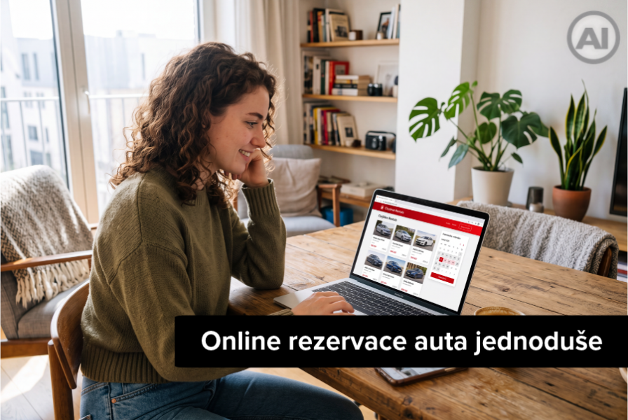 Online rezervace auta krok za krokem Žena u notebooku vybírá auto k pronájmu v online rezervačním systému.