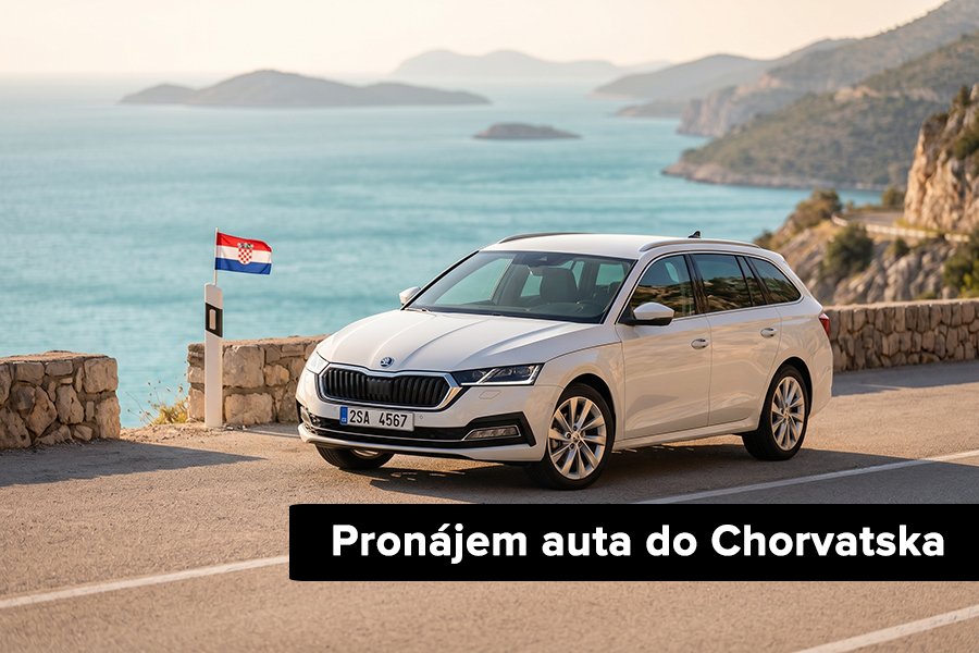 Pronájem auta do Chorvatska Bílý rodinný kombík z autopůjčovny Taggart zaparkovaný na pobřežní cestě v Chorvatsku s výhledem na tyrkysové Jaderské moře při západu slunce.